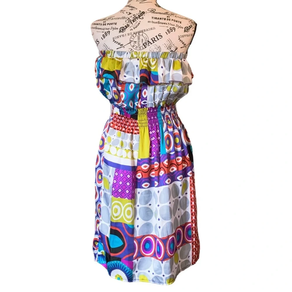 3 for 30 💥 Ventti VTG Satin Strapless Colorful Mini Dress Circus Print Purple - Picture 4 of 16